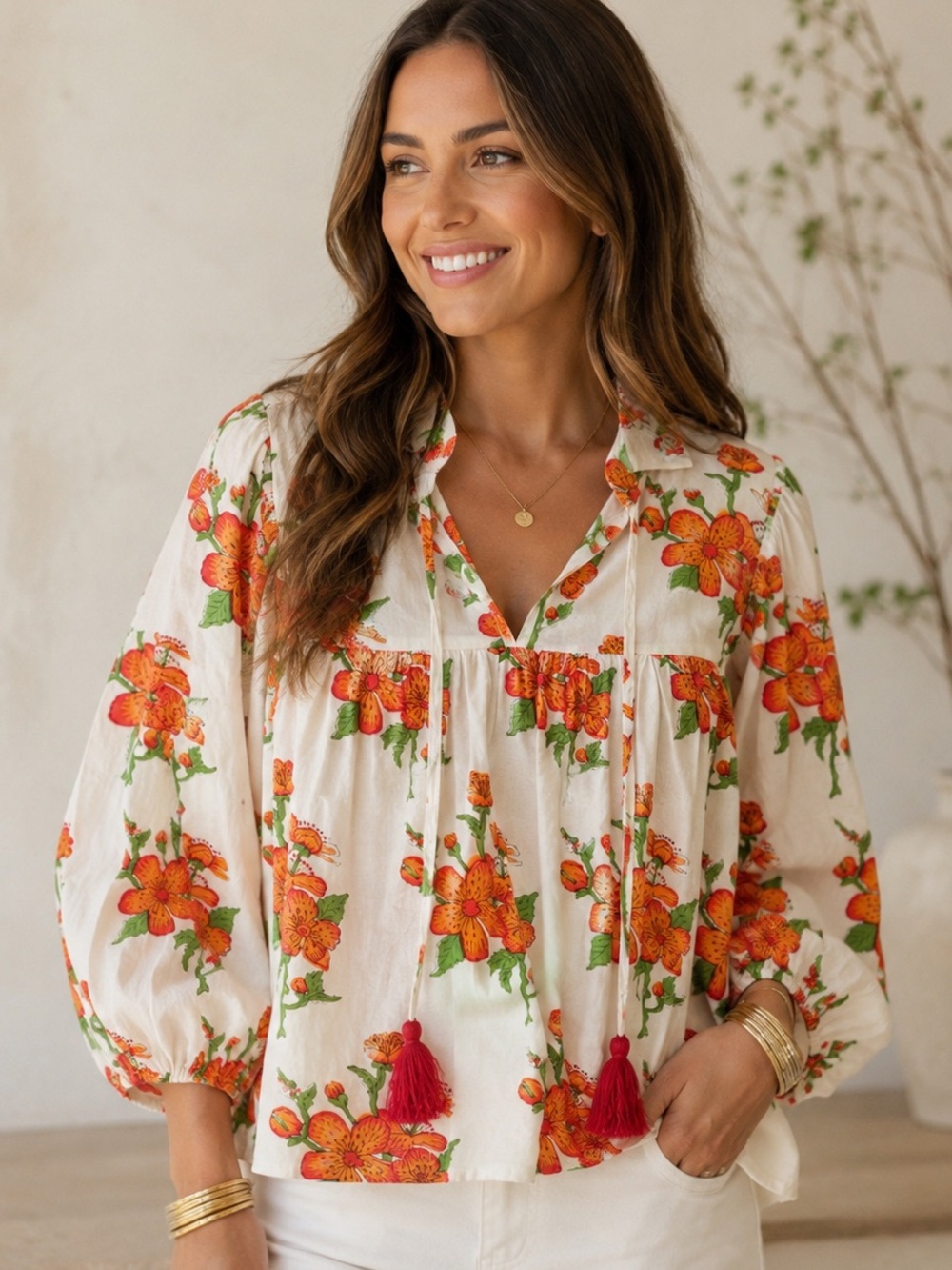 Victoria Dunn Floral Tassel Blouse Botanical Print Boho Ballon Sleeves